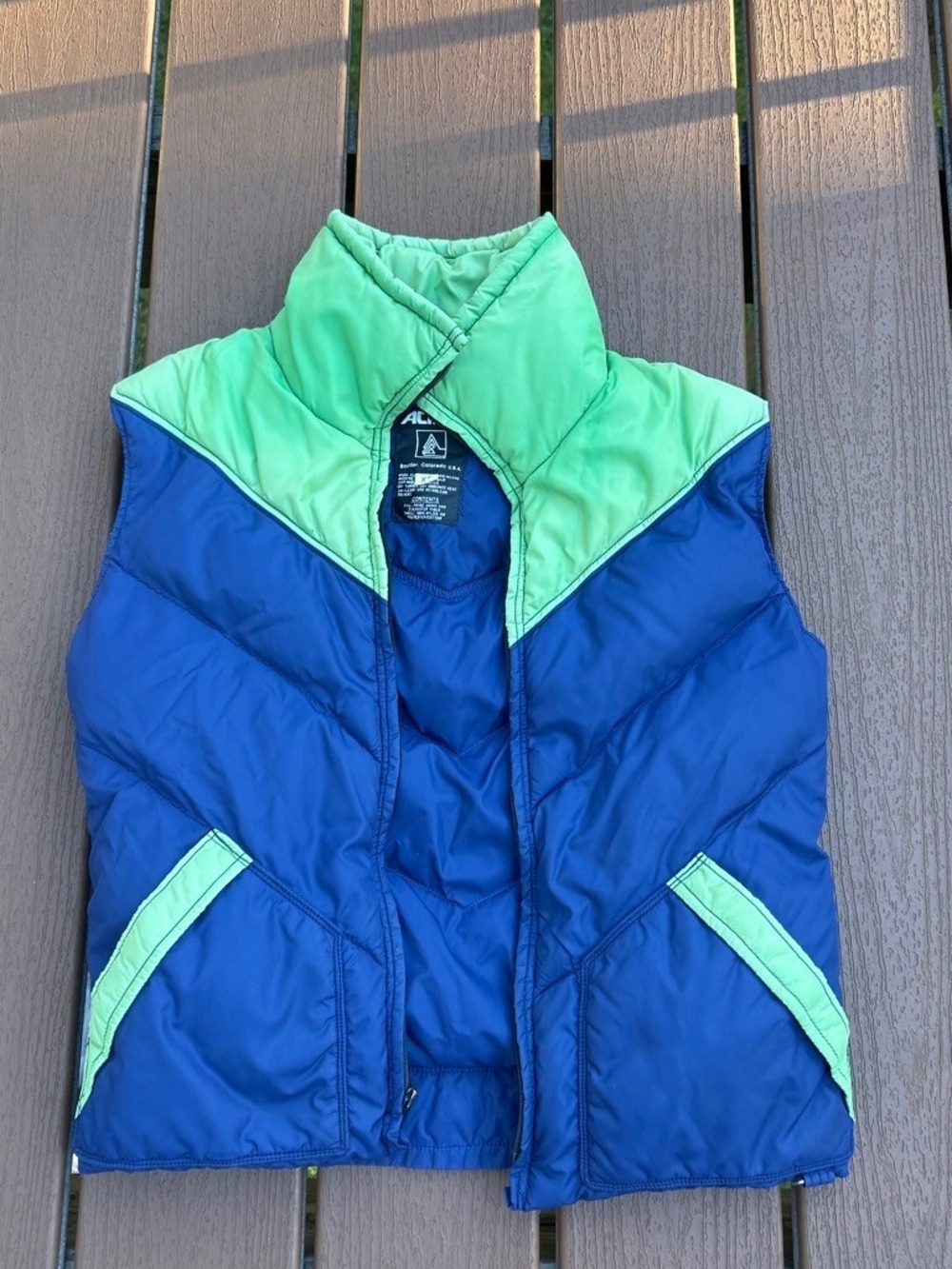Retro Altra Blue and Lime Green Puffer Vest. XS